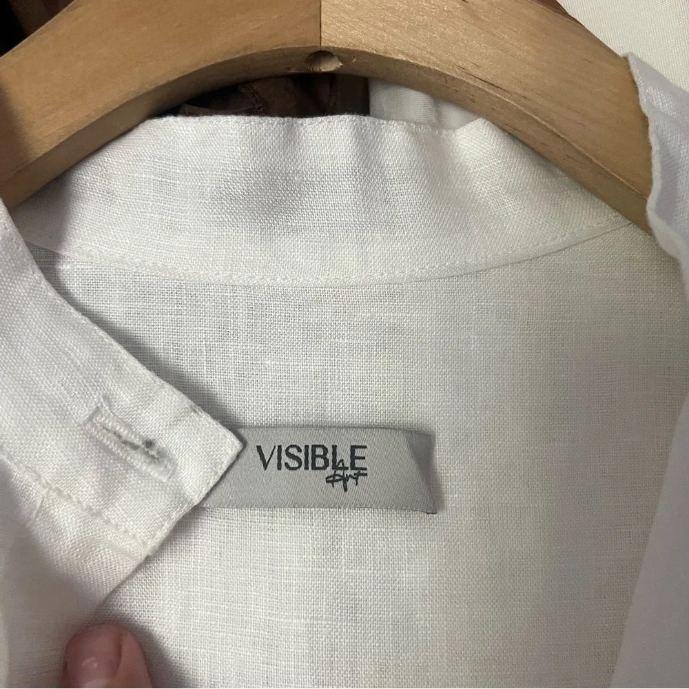 VISIBLE ART white linen mandarin collar button up long sleeve shirt‎